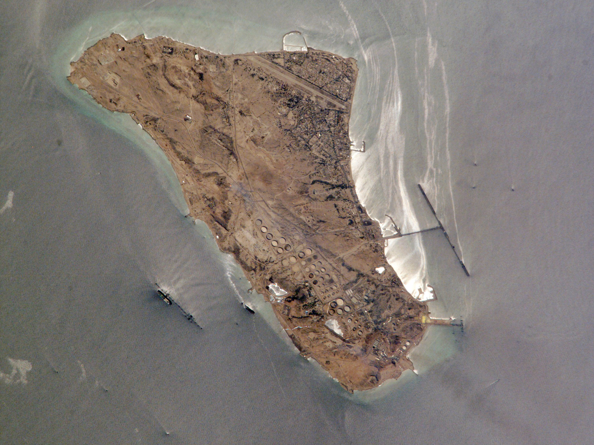 Kharg Island, Iran's primary oil export terminal in the Persian Gulf, photographed from the International Space Station