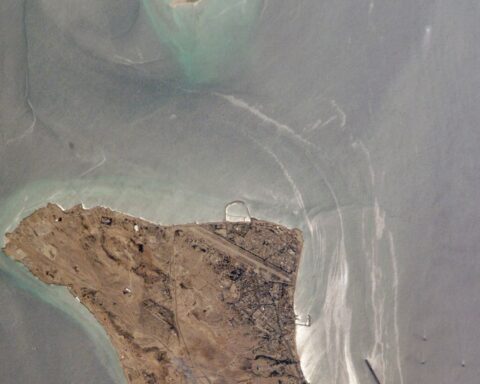 Kharg Island, Iran primary oil export terminal in the Persian Gulf, photographed from the International Space Station. NASA public domain.