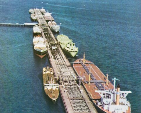 Large oil tankers loading at Kharg Island export terminal, Persian Gulf — the largest offshore crude loading facility in the world, handling the bulk of Iranian exports
