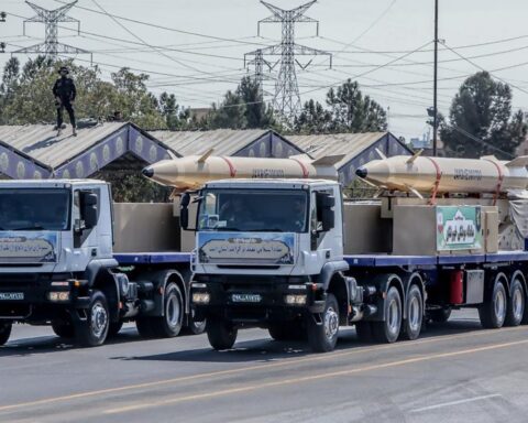 Kheibar Shekan ballistic missiles on TEL trucks during Iran Sacred Defence Week parade 2023
