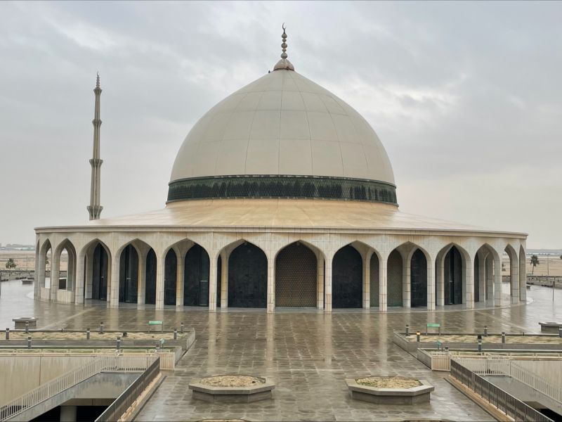 The mosque at King Fahd International Airport, a distinctive architectural feature of the world's largest airport