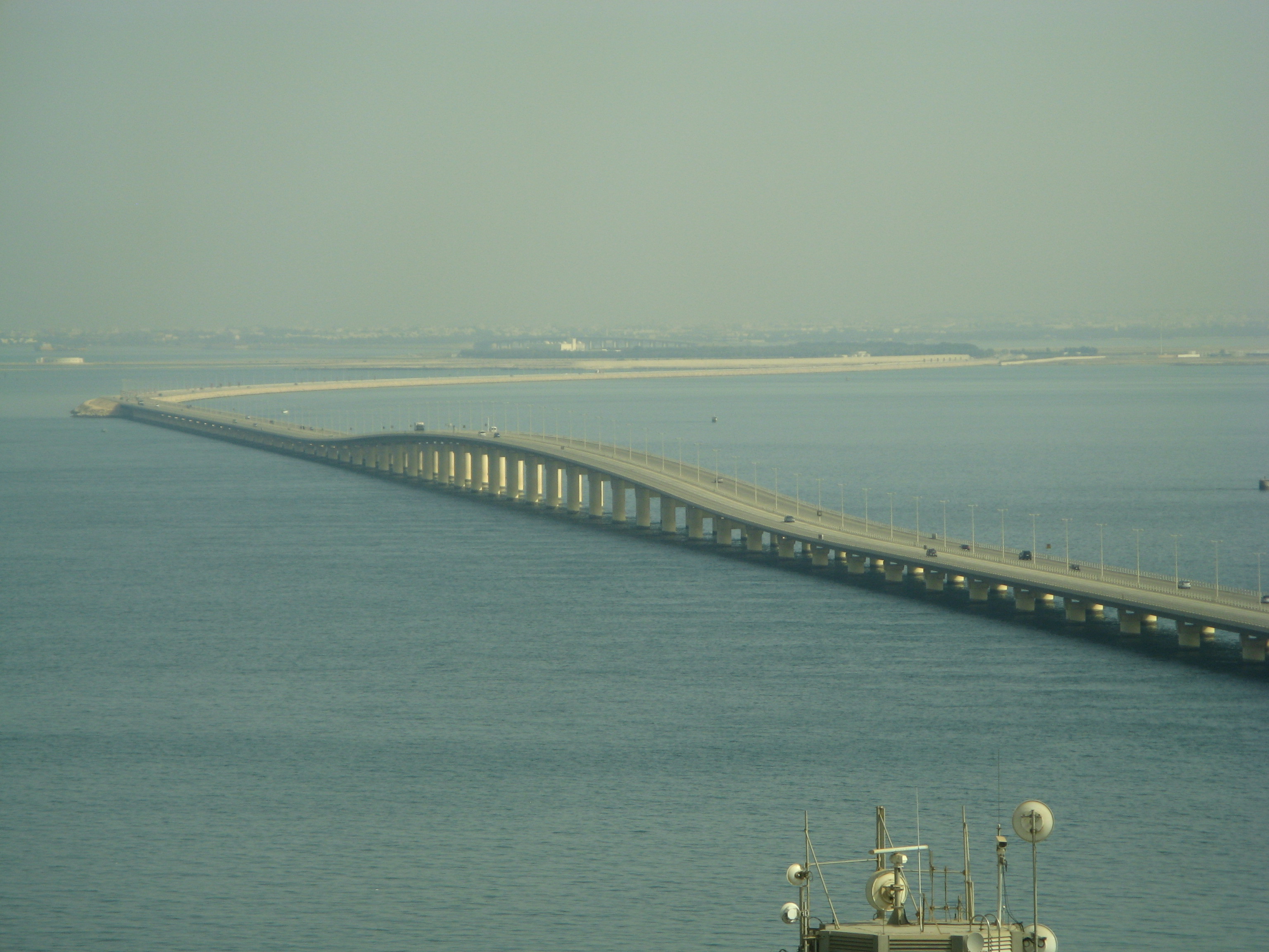 The King Fahd Causeway stretching across the Arabian Gulf from Saudi Arabia toward Bahrain