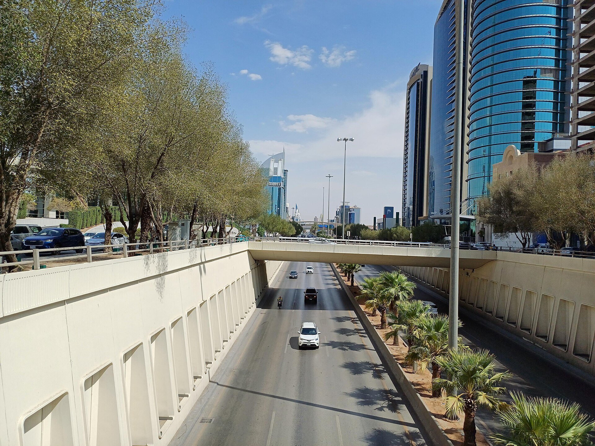 King Fahd Road in Riyadh with modern high-rise buildings and palm-lined boulevards