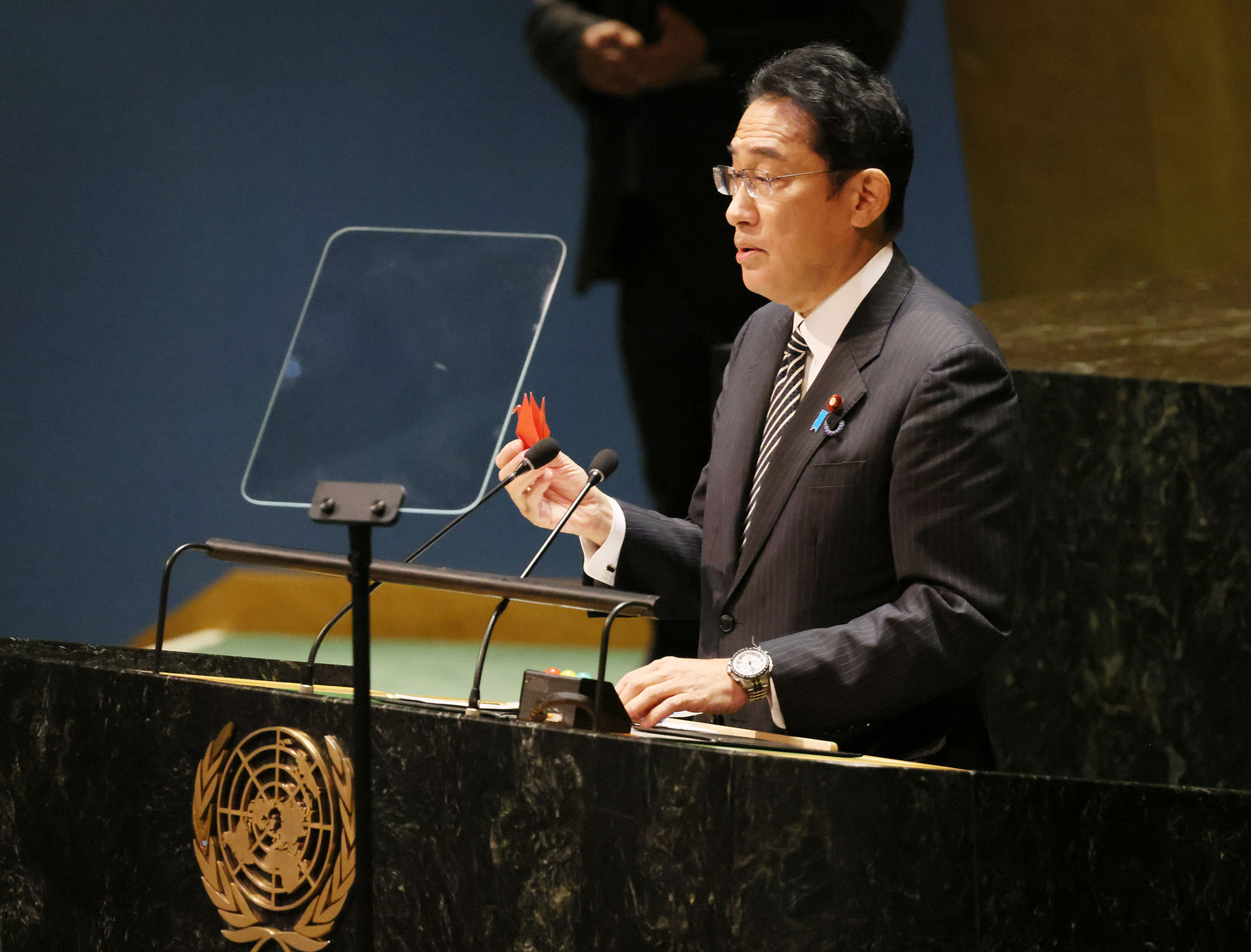 Japanese Prime Minister Fumio Kishida addresses the 2022 NPT Review Conference at the United Nations General Assembly Hall, New York