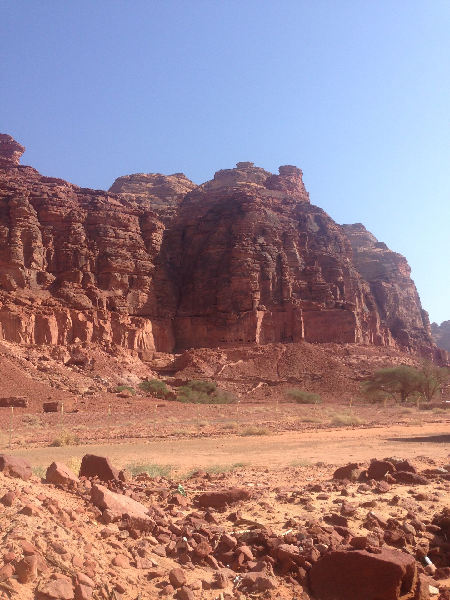 Red sandstone cliff at the Lion Tomb site near AlUla with ancient rock-cut tomb niches