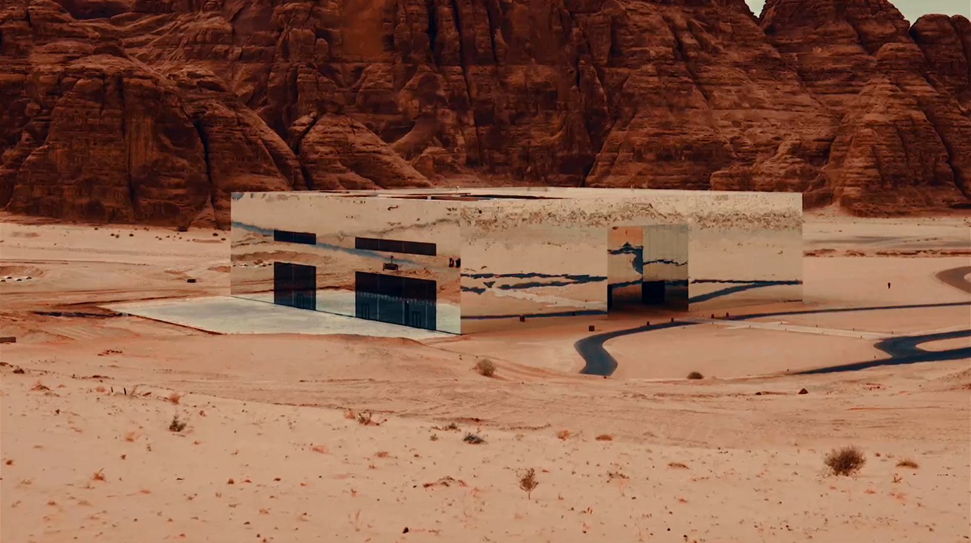 Maraya Concert Hall in AlUla, a mirrored building reflecting the surrounding sandstone desert landscape