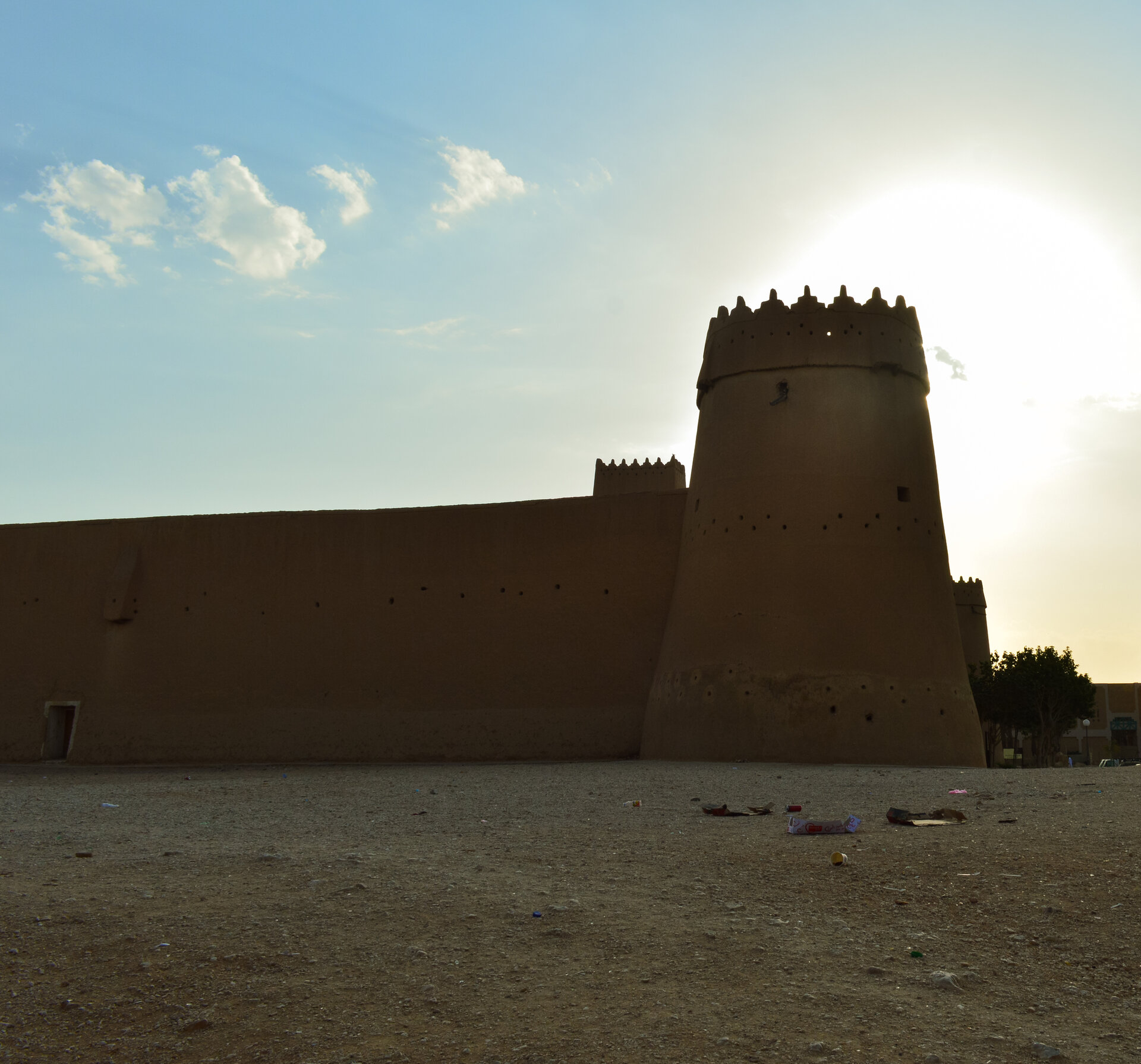 Masmak Fortress watchtower silhouette at sunset in Riyadh