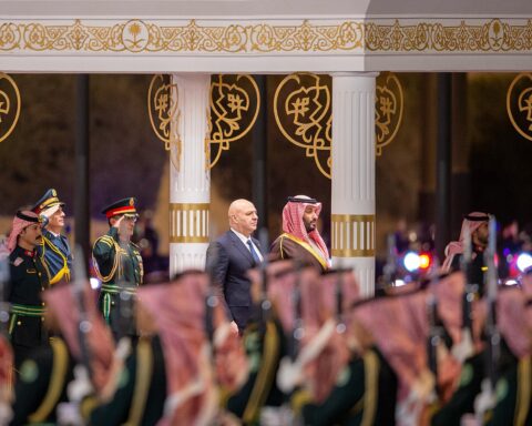 Crown Prince Mohammed bin Salman receives Lebanese President Joseph Aoun at Al Yamamah Palace, Riyadh, during Aoun's first official visit to Saudi Arabia as president, 2025
