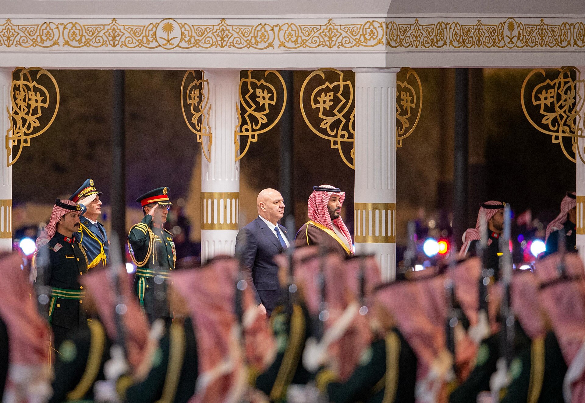 Crown Prince Mohammed bin Salman receives Lebanese President Joseph Aoun at Al Yamamah Palace, Riyadh, during Aoun's first official visit to Saudi Arabia as president, 2025