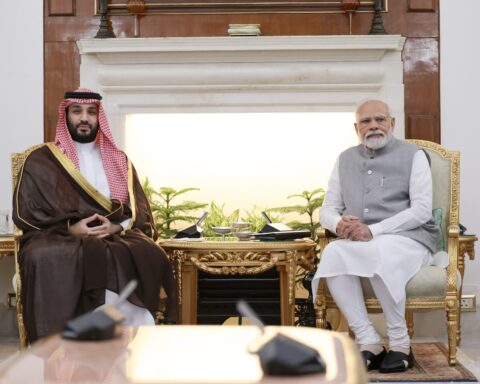 Crown Prince Mohammed bin Salman meets with a head of government in bilateral talks, illustrating the diplomatic isolation Saudi Arabia faces in Iran ceasefire negotiations where Riyadh holds no direct seat