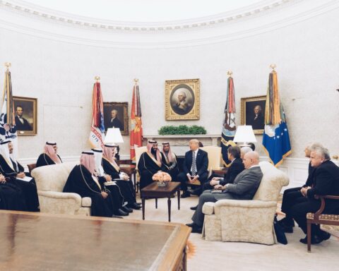 Crown Prince Mohammed bin Salman and President Donald Trump meet in the Oval Office, White House, March 2018 — the same bilateral relationship MBS leveraged in April 2026 to push through the Lebanon ceasefire