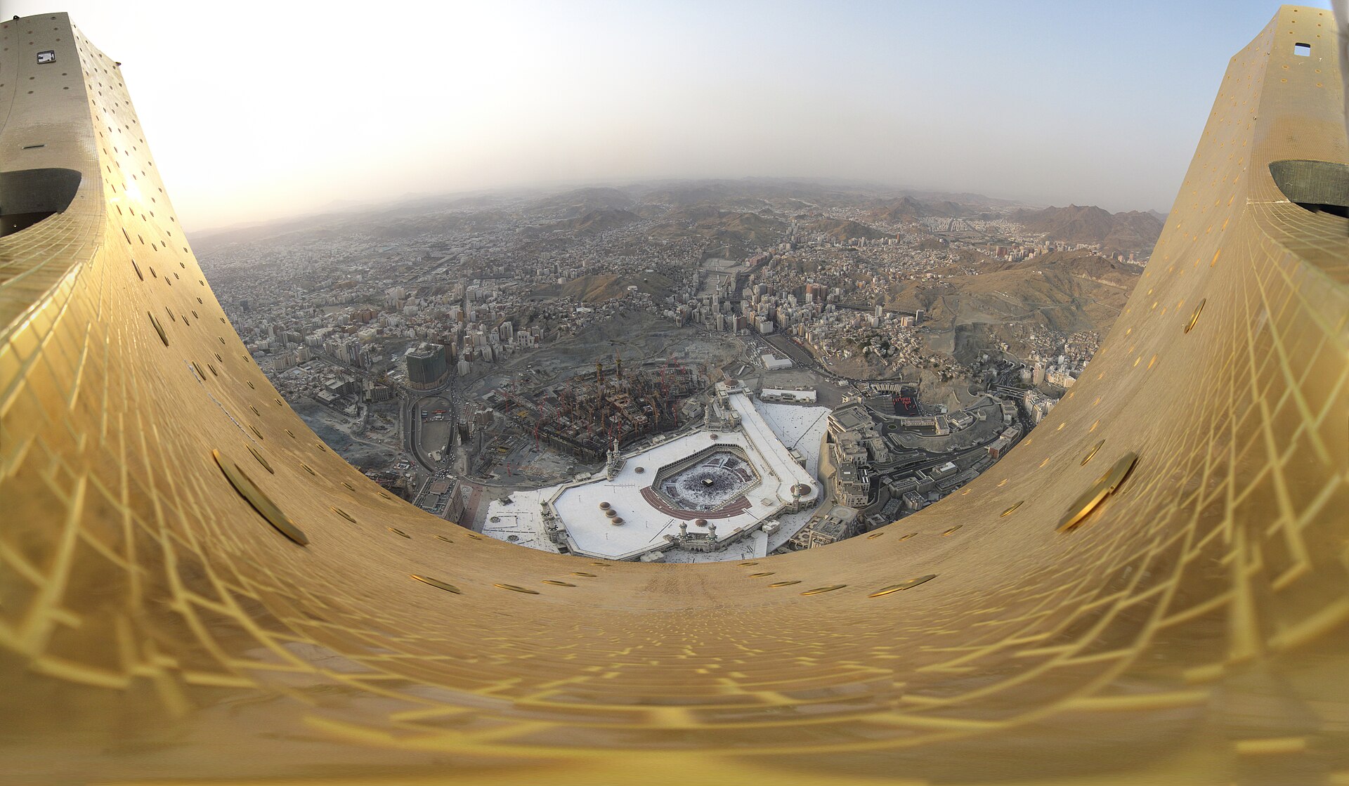 Panoramic aerial view of Mecca and the Grand Mosque from the top of Abraj Al-Bait Towers