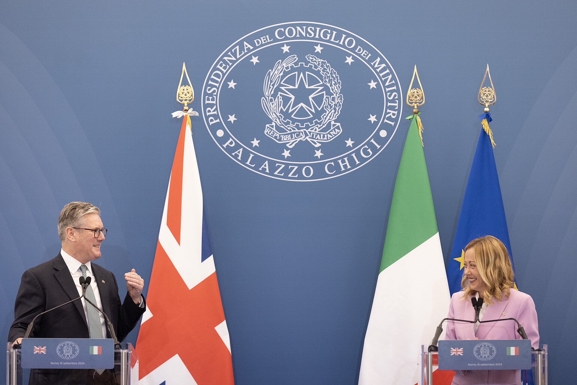 Italian Prime Minister Giorgia Meloni at a bilateral diplomatic meeting at Palazzo Chigi, Rome, with national flags