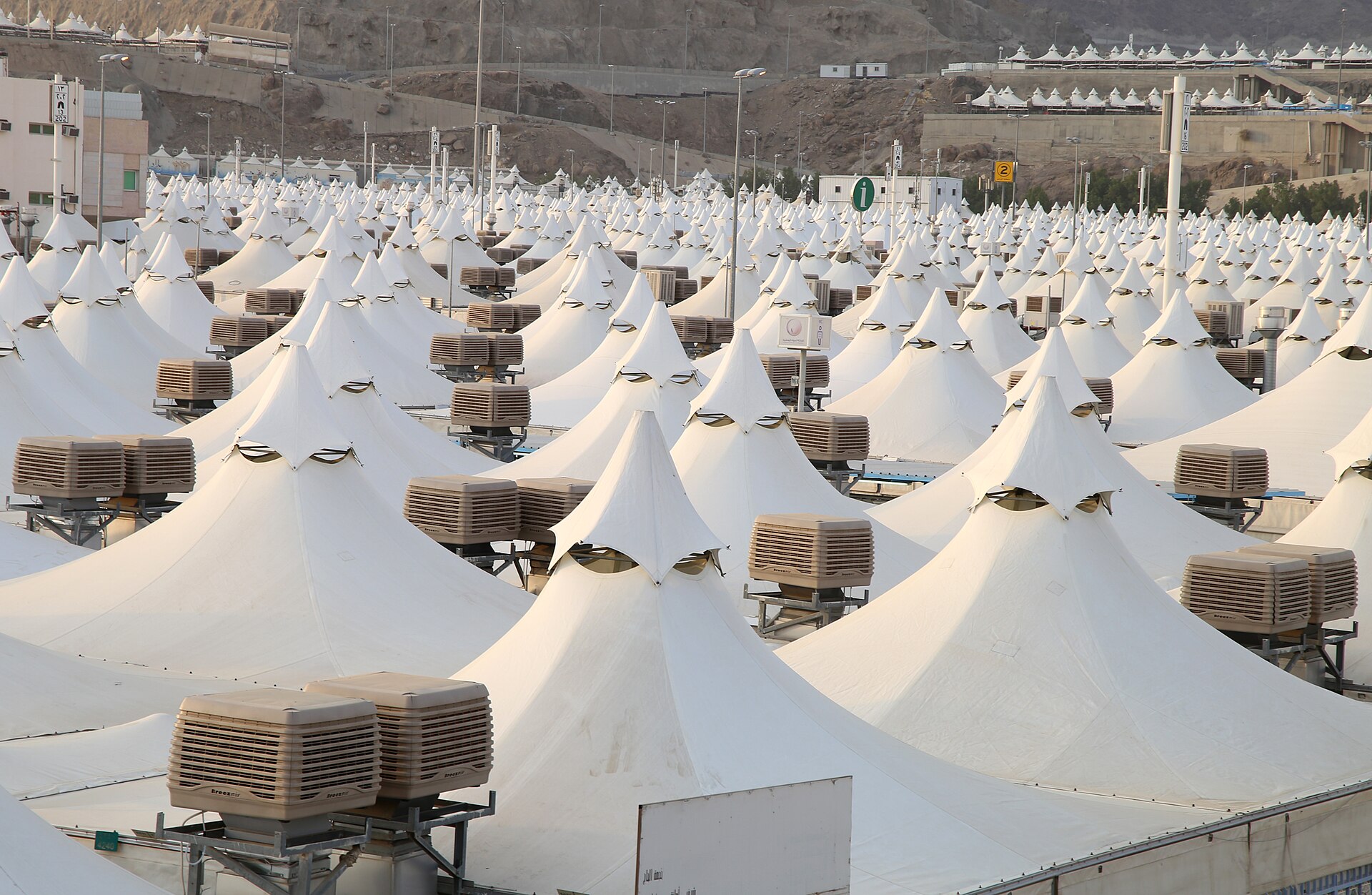 Mina valley tent city showing thousands of white conical pilgrim tents stretching to the horizon, the temporary city that houses 1.37 million Hajj pilgrims during the five-day pilgrimage