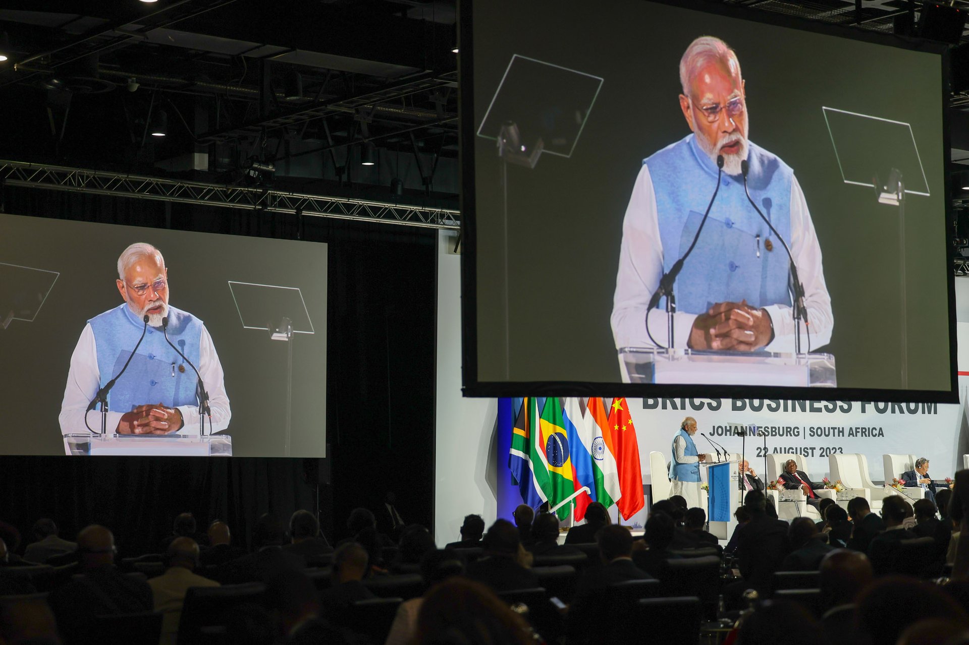 Indian Prime Minister Narendra Modi addresses the BRICS Business Forum in Johannesburg, August 2023 — India chairs BRICS in 2025-2026 while the bloc includes Iran as a full member