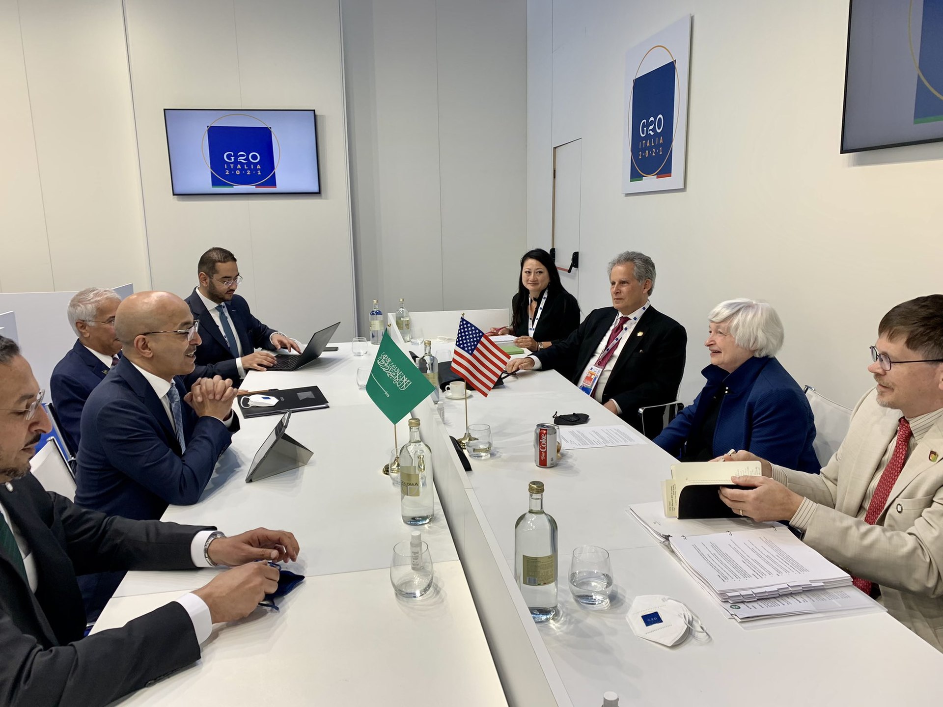 Saudi Finance Minister Mohammed Al Jadaan meets US Treasury Secretary Janet Yellen at G20 Finance Ministers Summit, 2021