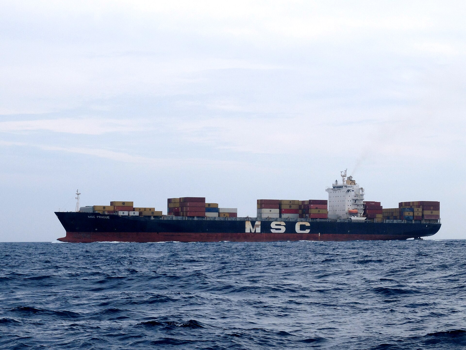 MSC Prague container ship at sea. MSC is the world largest container shipping line, controlling 21.2 percent of global container ship capacity.