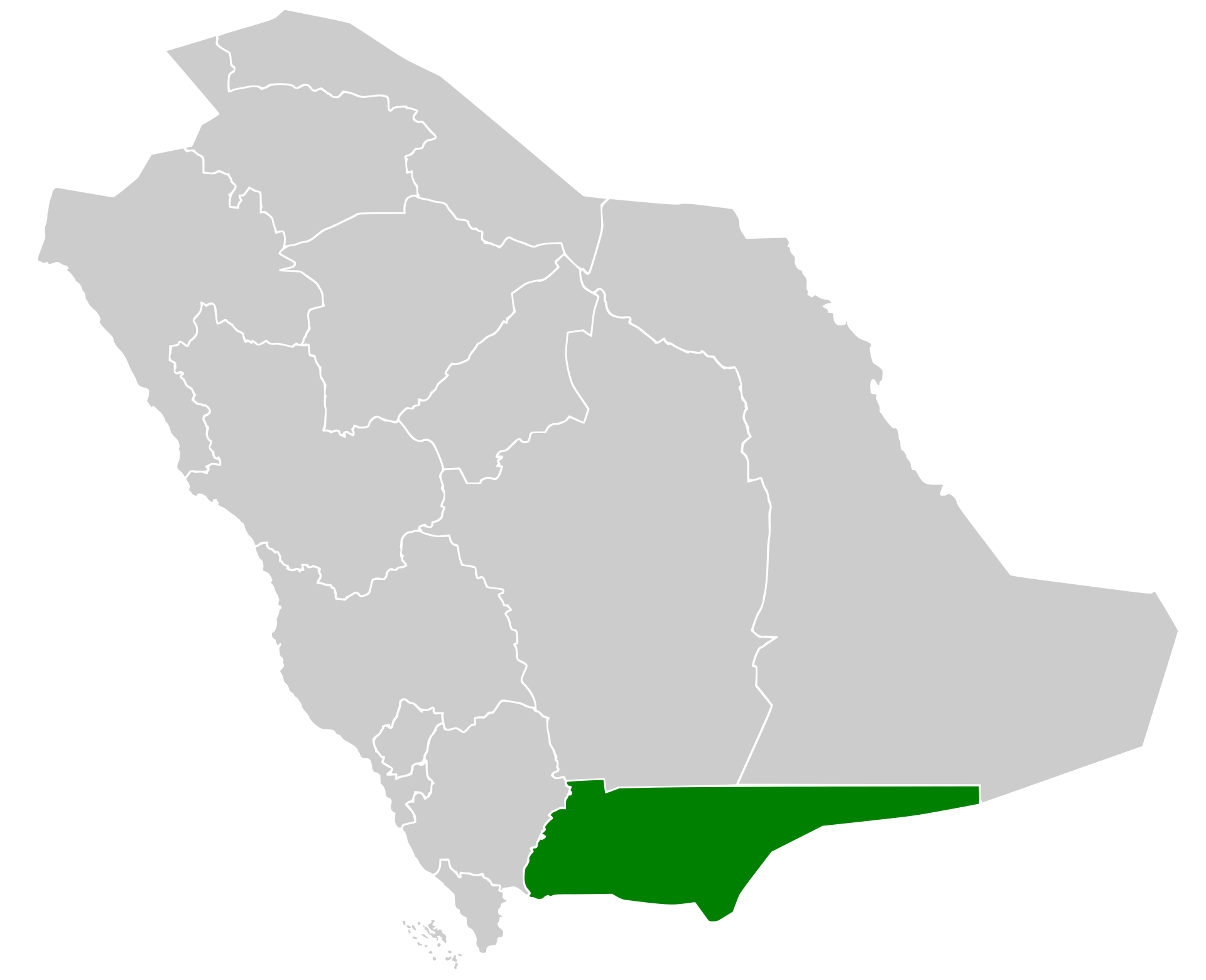 Map showing Najran Region highlighted in green on Saudi Arabia outline — Najran city sits 20 kilometres from the Yemeni border on the Jizan-Najran corridor