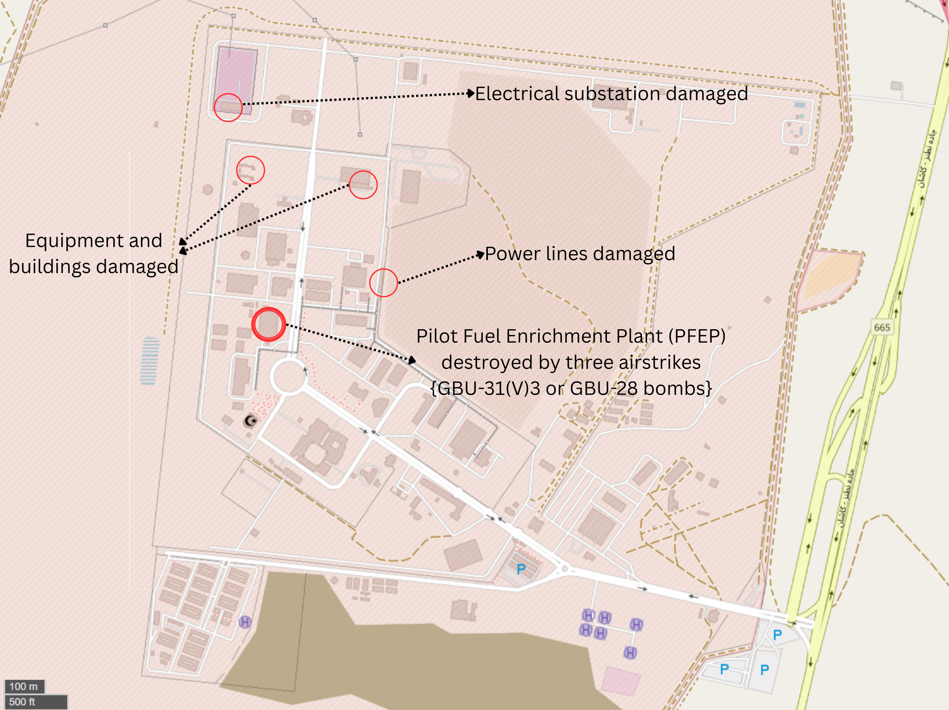 Damage map of Israeli airstrikes on the Natanz nuclear facility during Operation Rising Lion, June 2025, showing the Pilot Fuel Enrichment Plant destroyed and electrical infrastructure damaged by GBU-31 or GBU-28 bombs