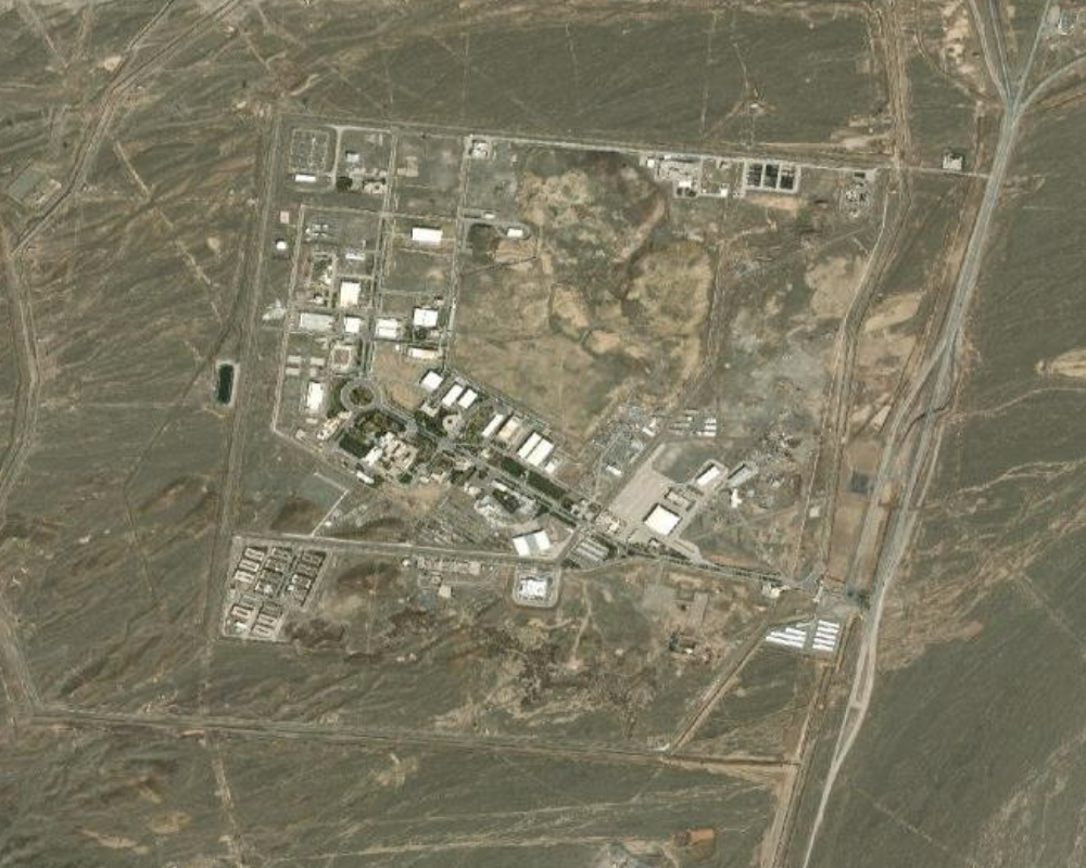 NASA FIRMS satellite image of the Natanz uranium enrichment complex in Iran, June 19, 2025 — the facility struck in the opening phase of the war, whose partial survival underlies Iran refusal of zero-enrichment demands