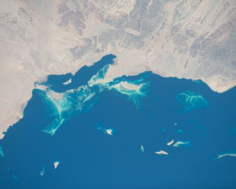NEOM Sharma coastline and Red Sea islands viewed from the International Space Station — the planned site of Oxagon industrial port on northwest Saudi Arabia’s Red Sea coast