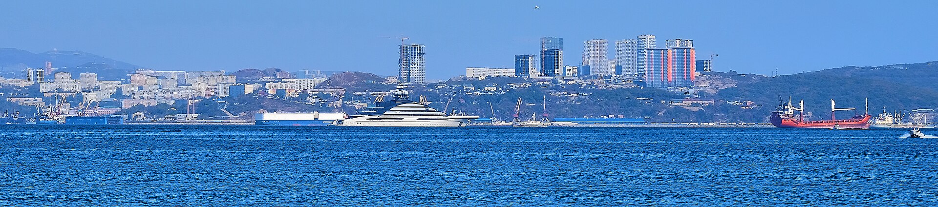 The Nord superyacht, valued at $500 million and owned by sanctioned Russian oligarch Alexey Mordashov, anchored off Vladivostok in the Eastern Bosphorus strait