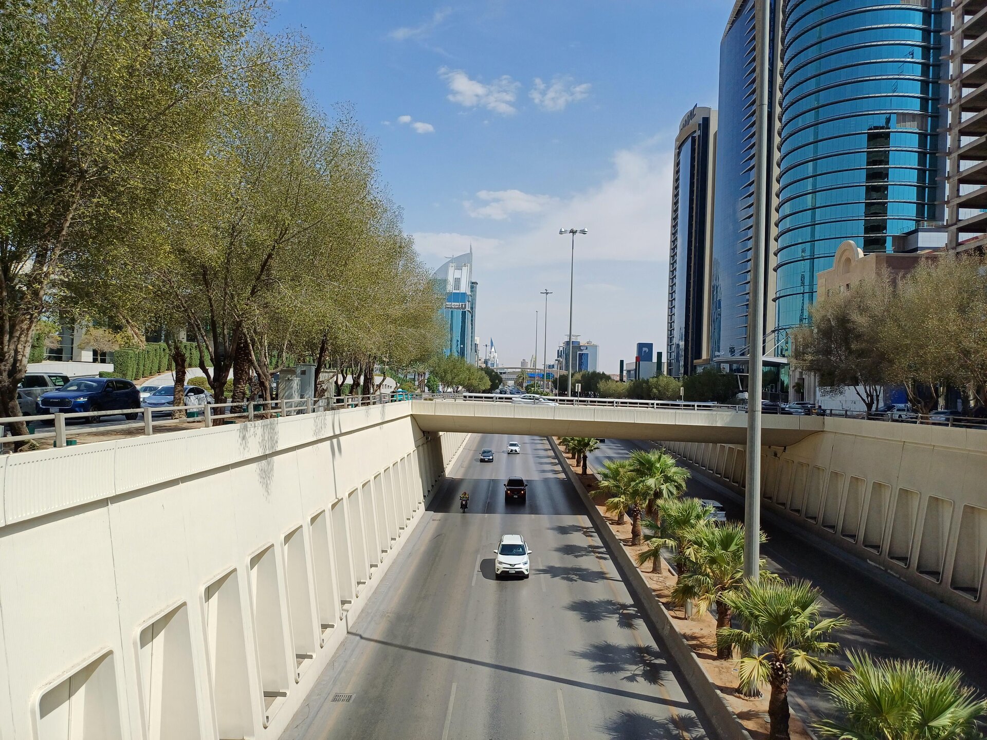 King Fahd Road in north Riyadh with modern towers and tree-lined overpasses
