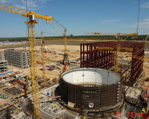 Construction of Novovoronezh Nuclear Power Plant II reactor containment dome, Rosatom, Russia