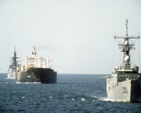 US Navy frigates escort reflagged Kuwaiti oil tanker Gas King through the Persian Gulf during Operation Earnest Will, October 1987