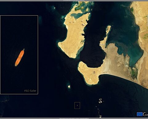 Oil tanker off Yemen coast — Copernicus Sentinel-2 satellite imagery showing FSO Safer tanker in Red Sea near Hodeida, Yemen, 2020