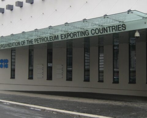 OPEC headquarters building entrance, Vienna, Austria, showing the Organization of the Petroleum Exporting Countries sign and logo