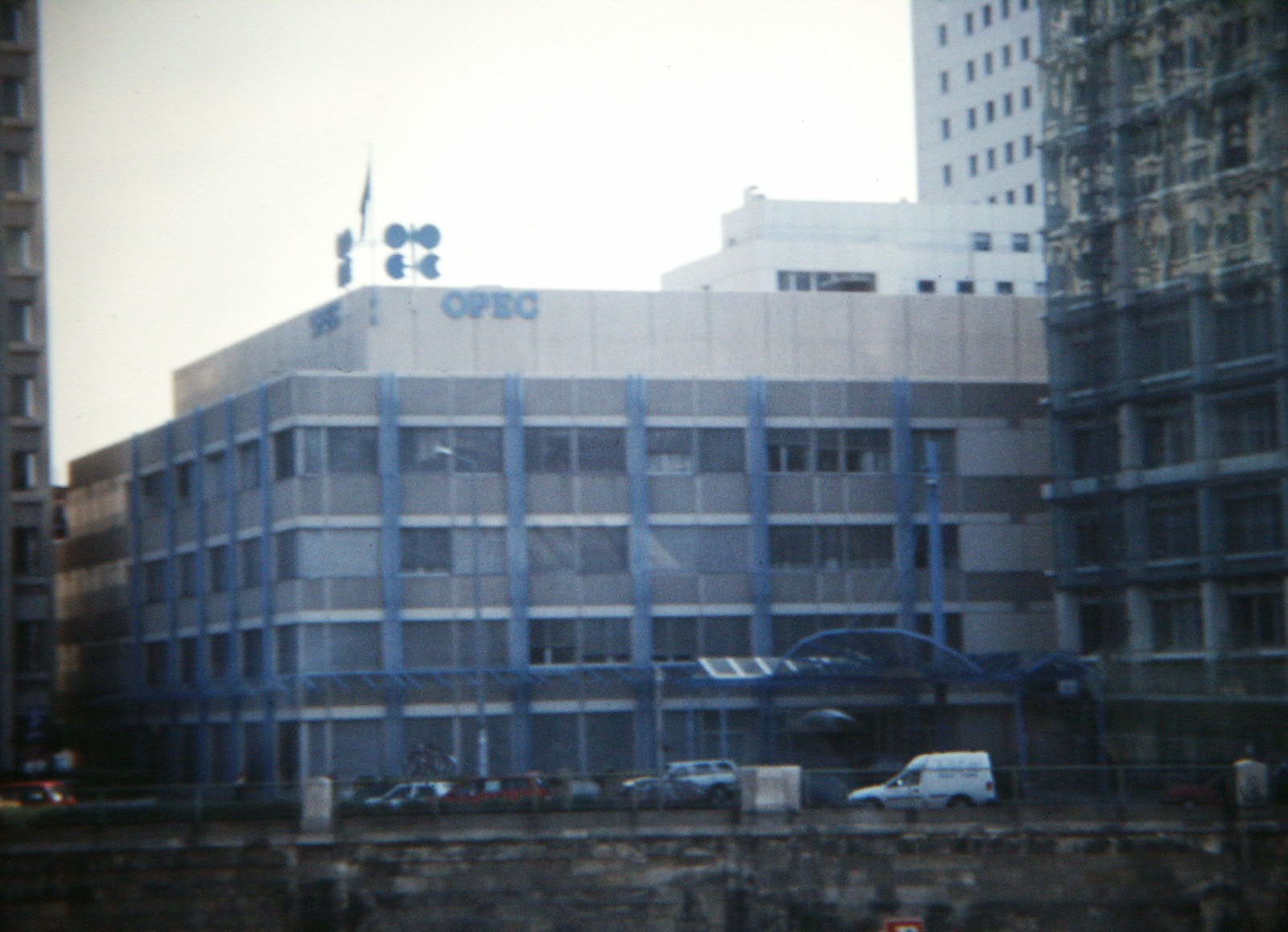 OPEC secretariat headquarters building in Vienna with the OPEC logo on the rooftop