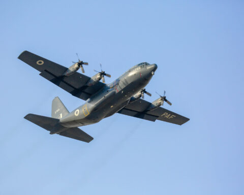 Pakistan Air Force C-130 Hercules transport aircraft in flight during Exercise Falcon Talon 2024 in Pakistan