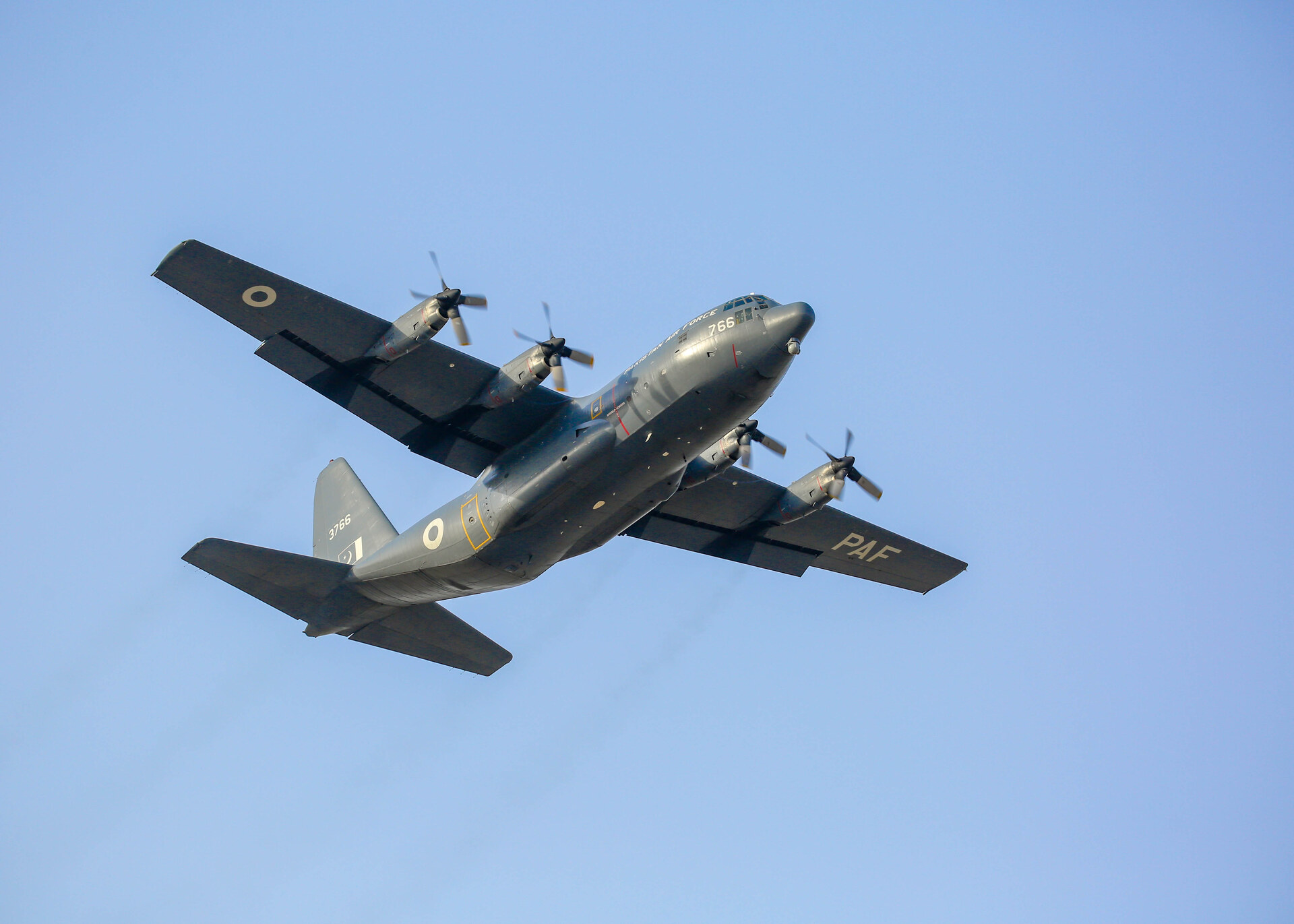 Pakistan Air Force C-130 Hercules transport aircraft in flight during Exercise Falcon Talon 2024 in Pakistan
