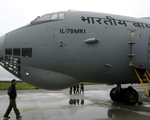 Indian Air Force Ilyushin Il-78MKI aerial refuelling tanker aircraft on tarmac with flight crew — the same type as Pakistan Air Force Il-78MP tankers deployed to Saudi Arabia