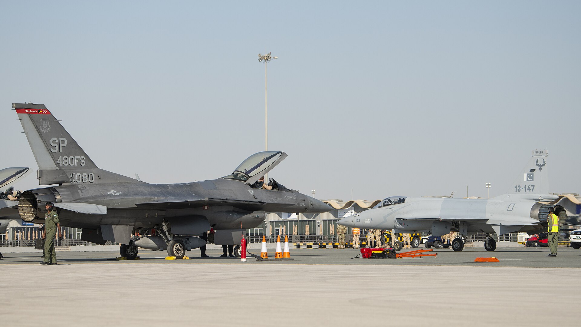 Pakistan Air Force JF-17 Thunder multirole fighter alongside US Air Force F-16 at Bahrain International Air Show 2024