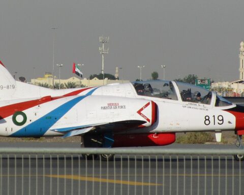Pakistan Air Force Hongdu K-8 Karakoram light attack aircraft on tarmac — the K-8 formed the core of the frozen $1.5 billion Sudan arms package