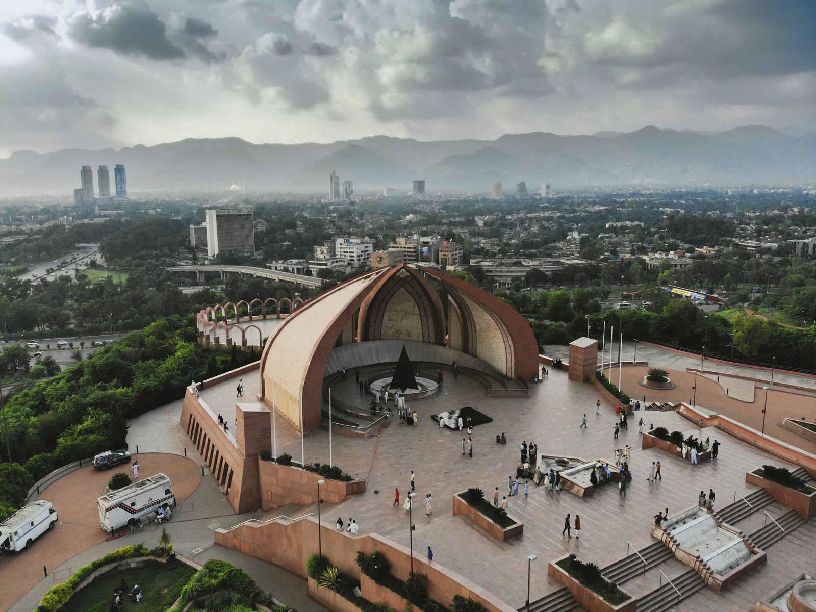 Pakistan Monument Islamabad aerial view with Margalla Hills and city skyline — diplomatic capital hosting the Vance-Ghalibaf talks at the Serena Hotel Red Zone