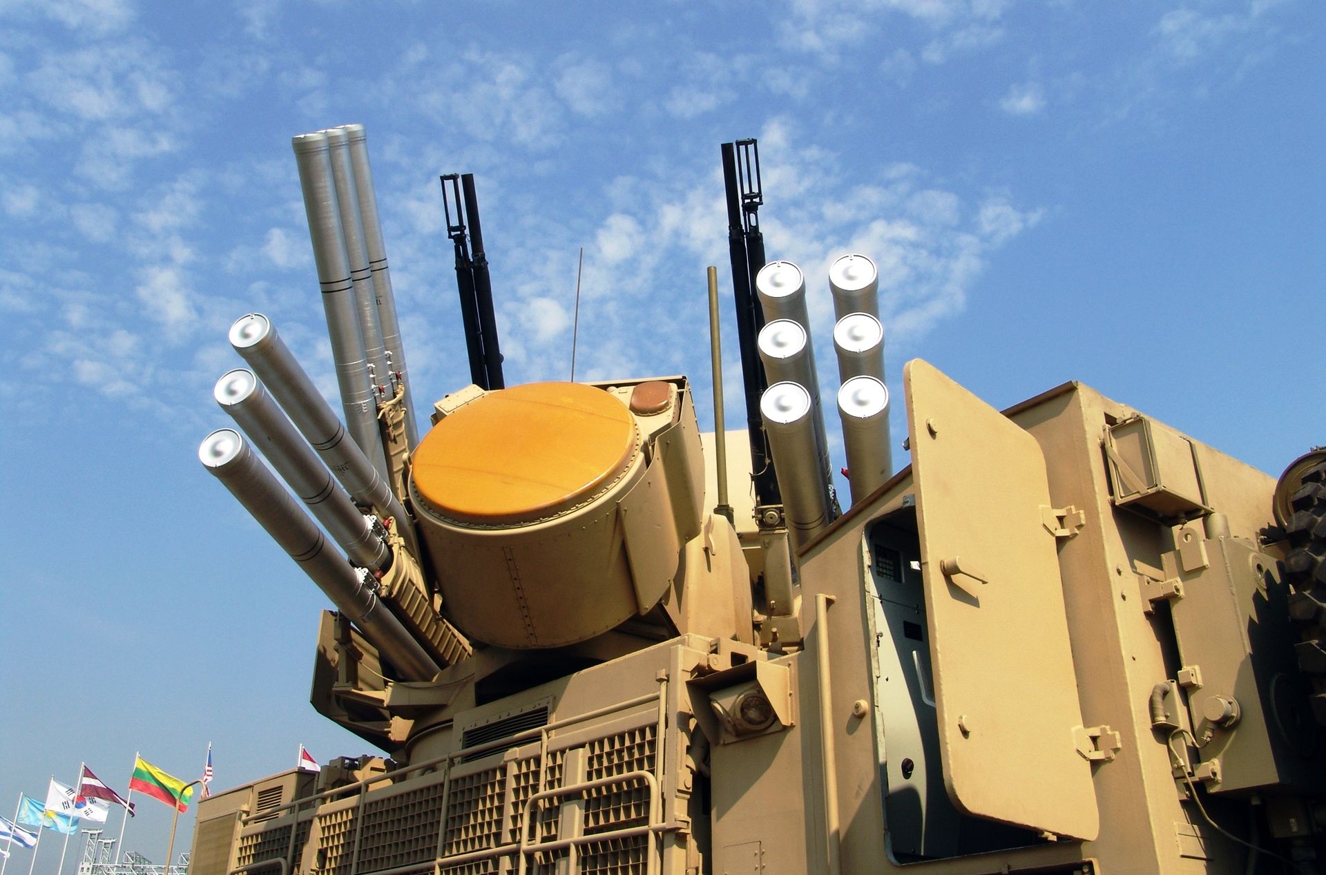 Pantsir-S1 short-range missile and gun air defense system with radar antenna deployed, one of six layers in UAE layered air defense architecture targeting Iranian Shahed drones