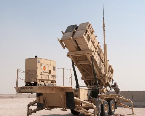 A PAC-3 Patriot missile launcher in desert terrain during a Gulf deployment — Saudi Arabia has approximately 400 MSE interceptors remaining, down from 2,800 at the war's start