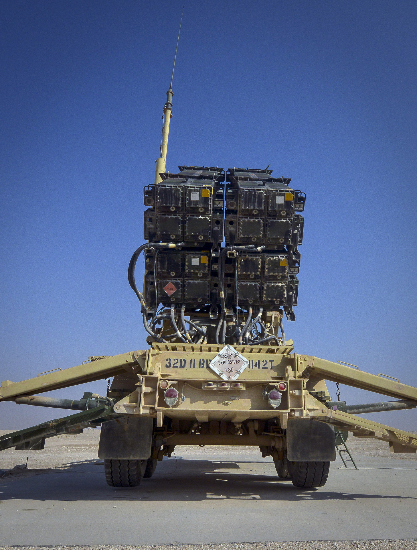 Patriot missile launcher deployed at Al Udeid Air Base, Qatar, operated by 3-43 Air Defense Artillery Battalion, January 2014