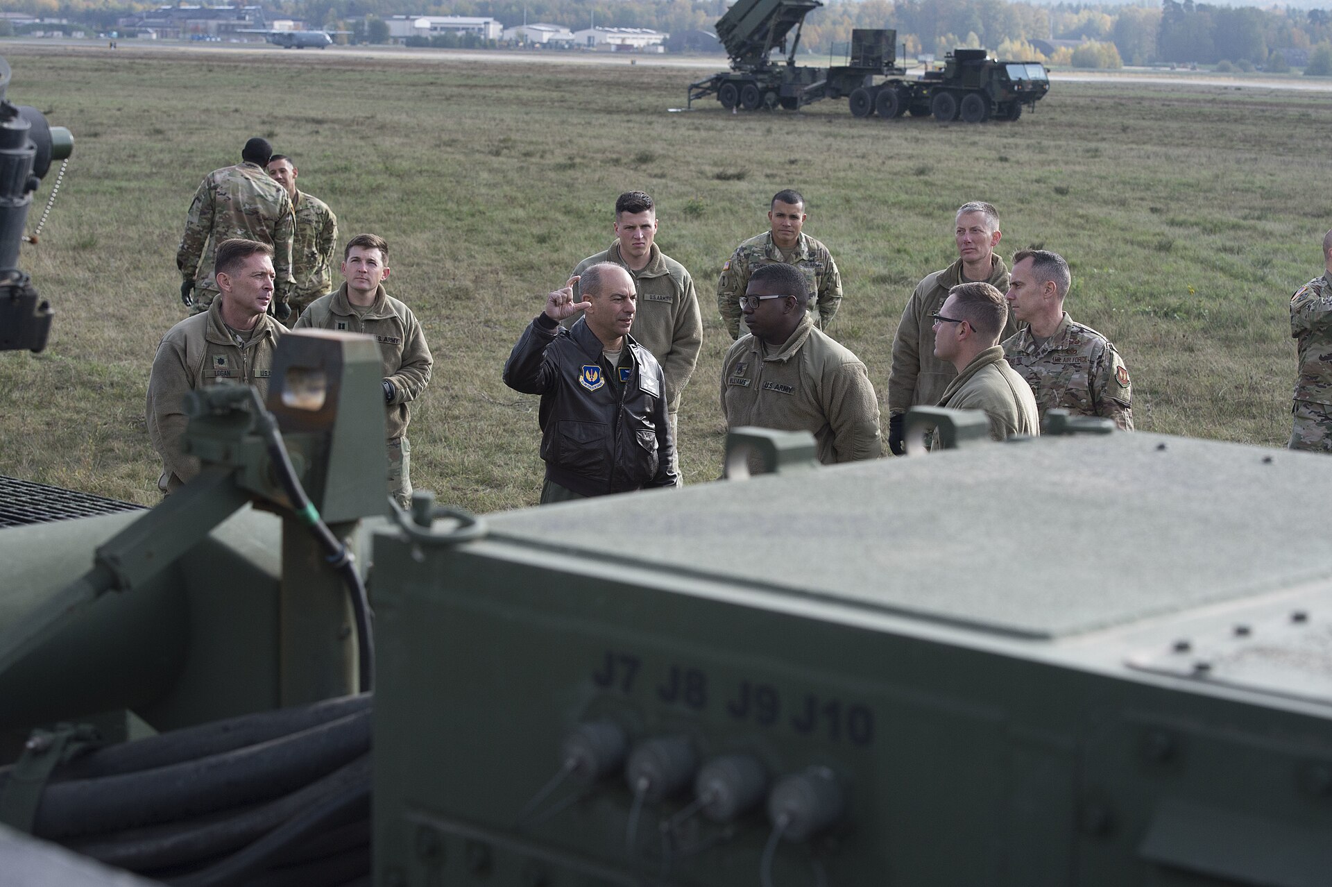 US Air Forces in Europe commander Gen. Jeff Harrigian discusses the Patriot missile system with Army air defense personnel at Ramstein Air Base, Germany. Patriot battery command decisions mirror the intercept calculations Saudi crews face with each incoming Iranian salvo.