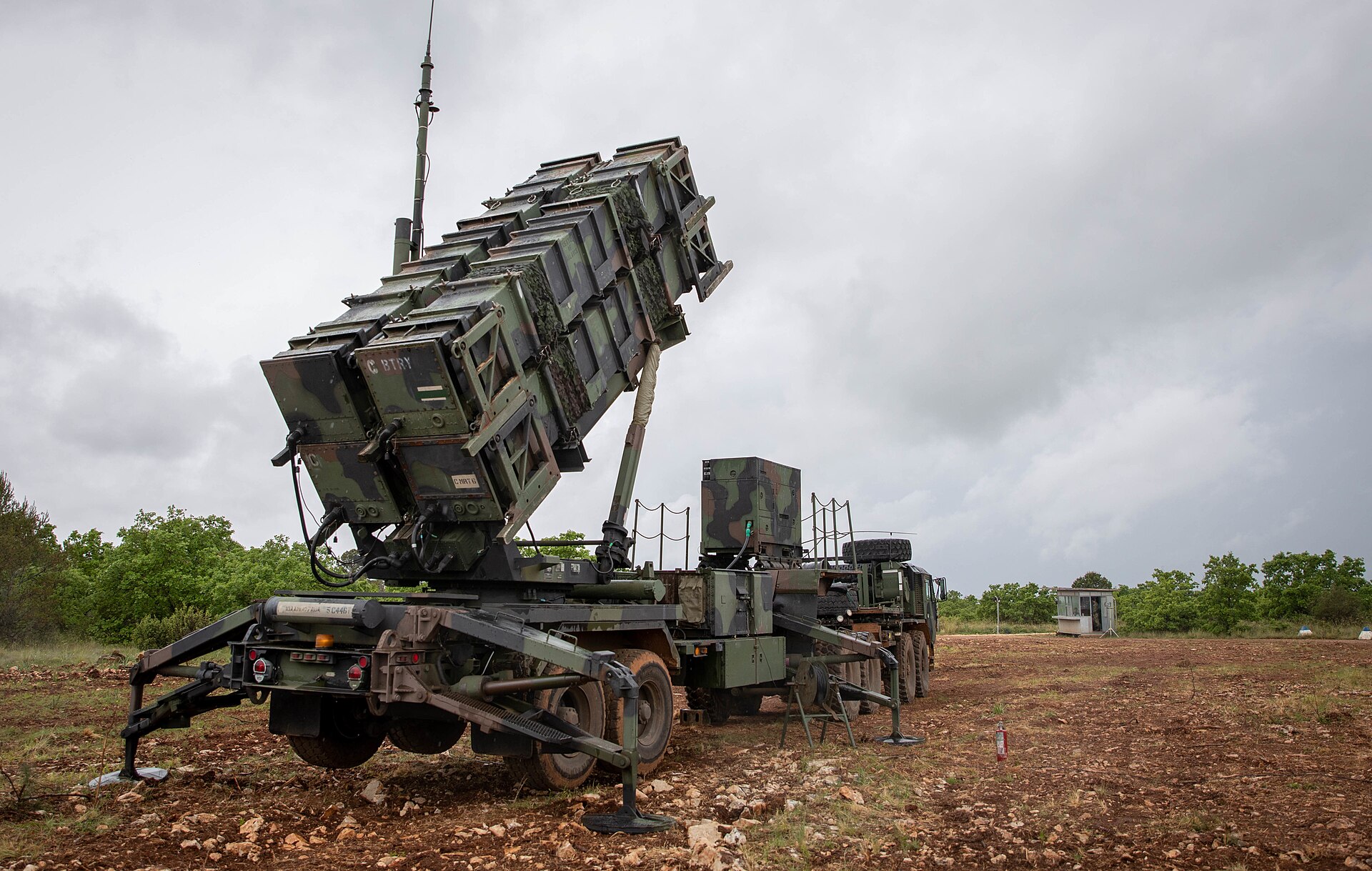 US Army MIM-104 Patriot missile launcher in elevated firing position, the air defense system intercepting Iranian ballistic missiles and drones over Saudi Arabia
