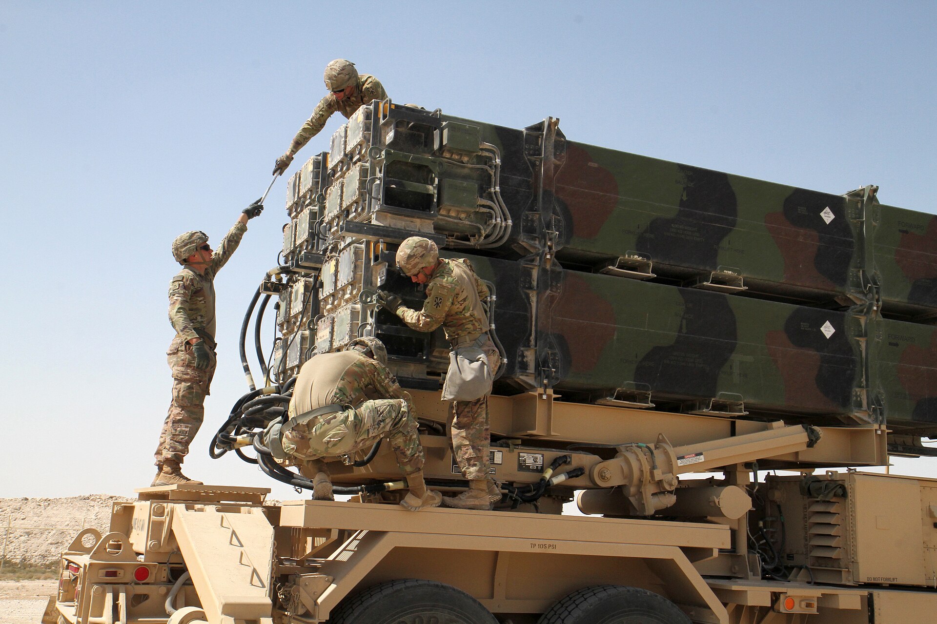 US Army soldiers reload a Patriot missile launcher in the CENTCOM area of responsibility, showing the scale of munitions logistics that Saudi Arabia cannot replicate domestically