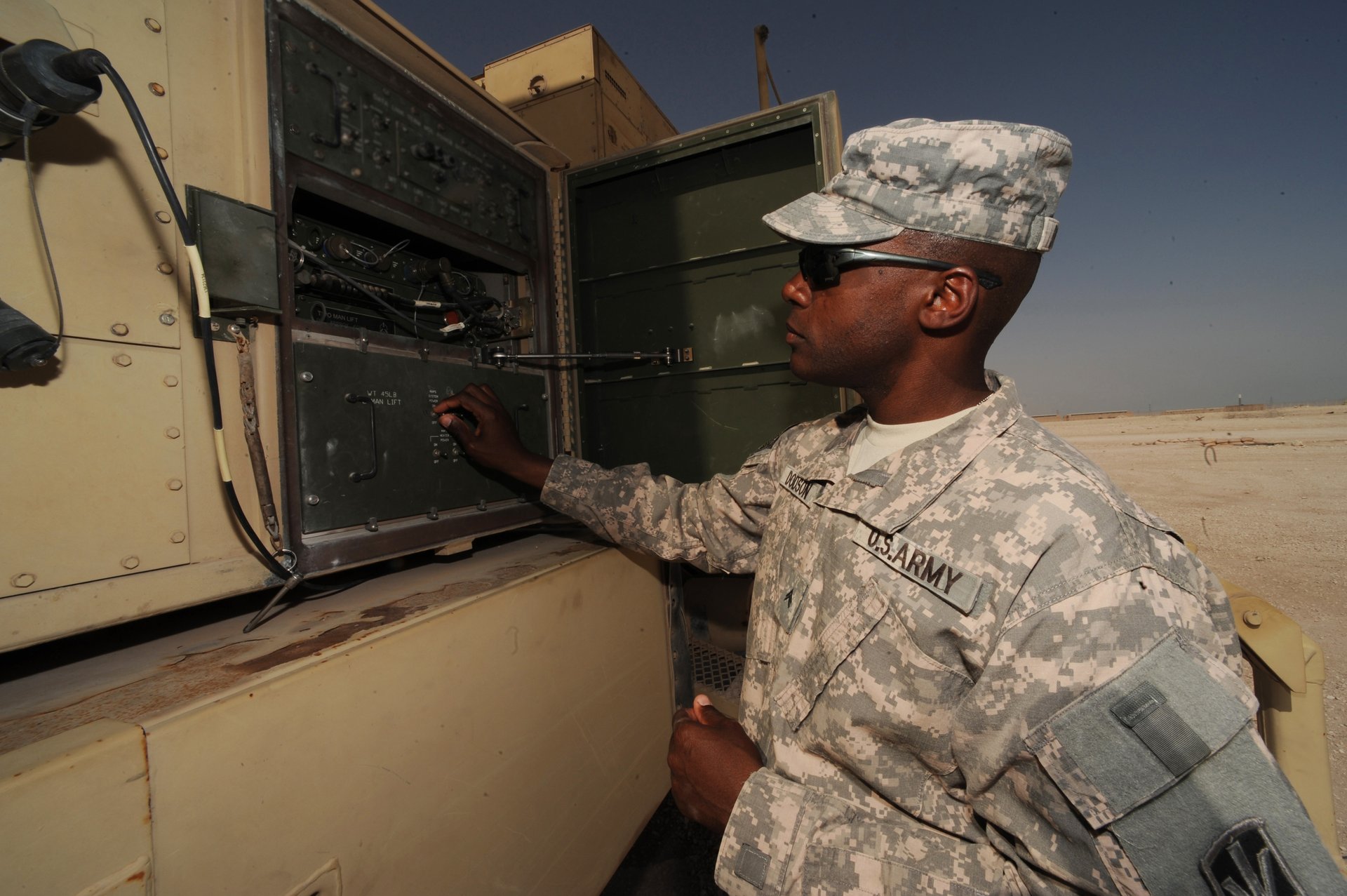 US Army soldier maintains a PAC-3 Patriot missile launch station at a Southwest Asia location — the same interceptor system in Saudi Arabia's $9 billion DSCA restocking order