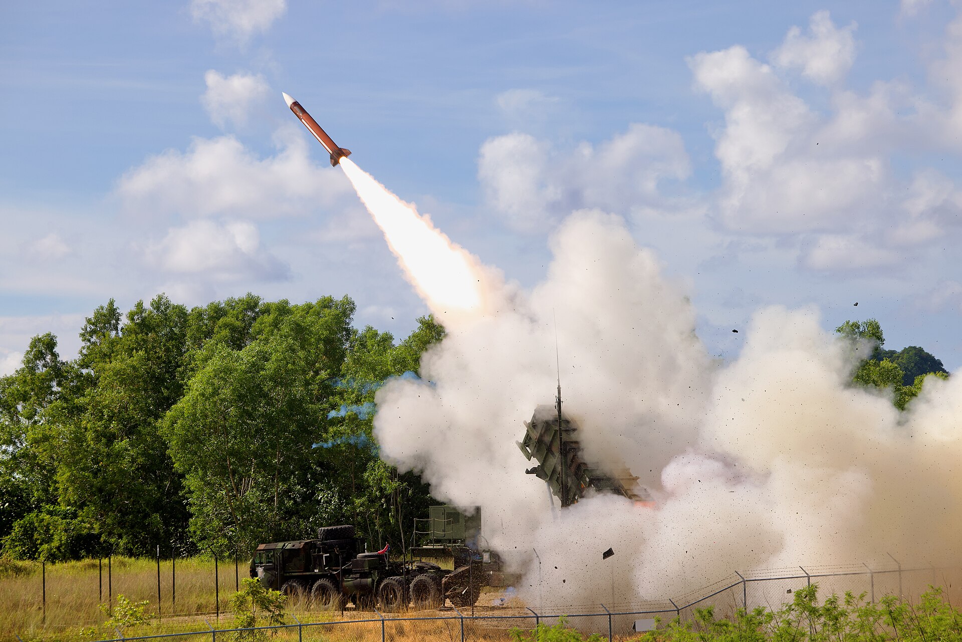 Patriot PAC-2 interceptor missile launches from an M903 launcher during Exercise Tenacious Archer 25, the same system type deployed to defend Prince Sultan Air Base in Saudi Arabia