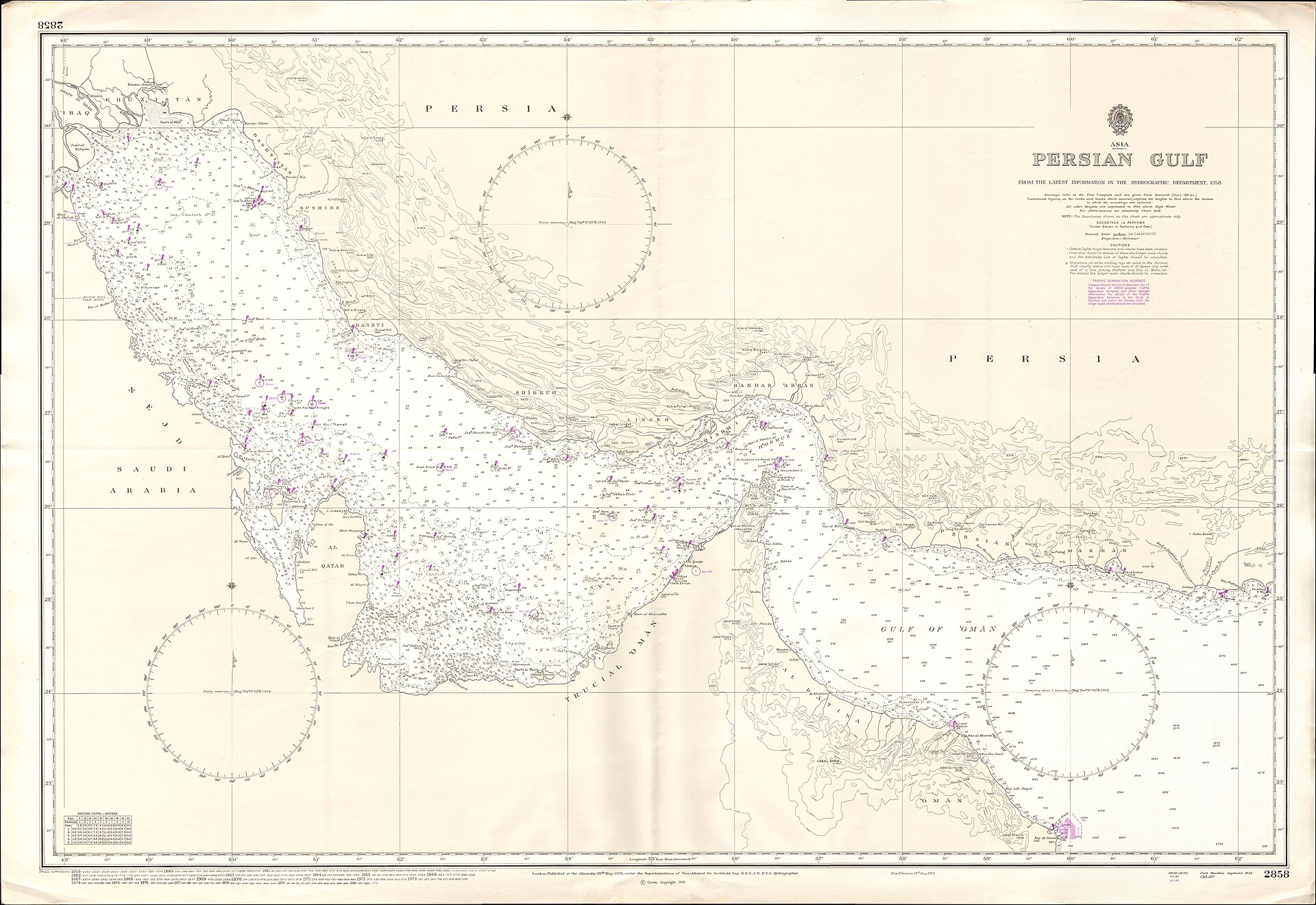 1959 British Admiralty nautical chart of the Persian Gulf showing the full basin from Kuwait and Saudi Arabia to the Strait of Hormuz and Gulf of Oman