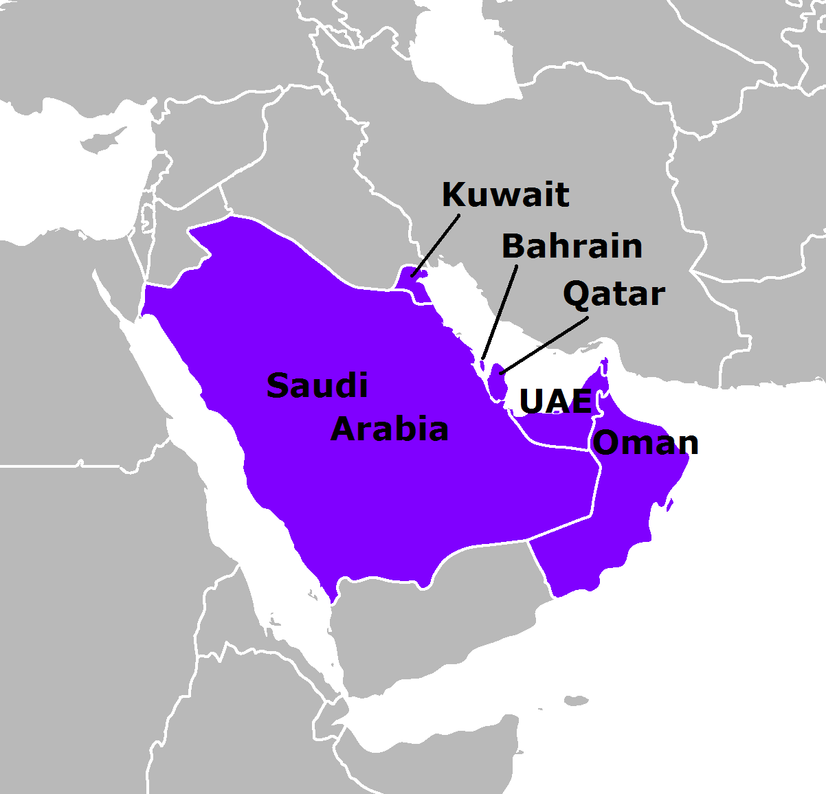 Map of the Persian Gulf showing all six GCC member states — Kuwait, Saudi Arabia, Bahrain, Qatar, UAE, and Oman — with Iran visible across the northern Gulf