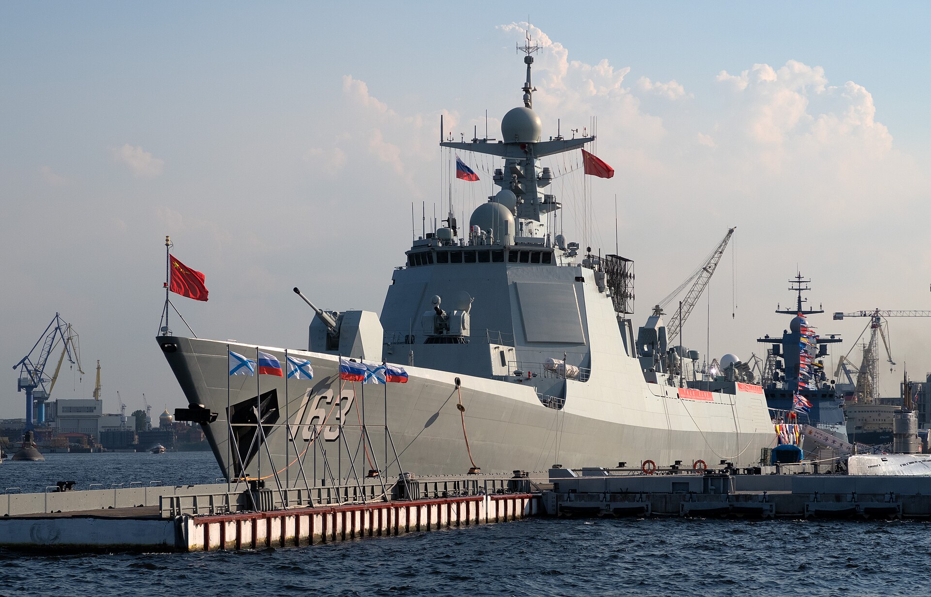 PLANS Jiaozuo (DDG-163), a Chinese People’s Liberation Army Navy Type 052D guided-missile destroyer, moored during a port visit, flying the Chinese naval flag