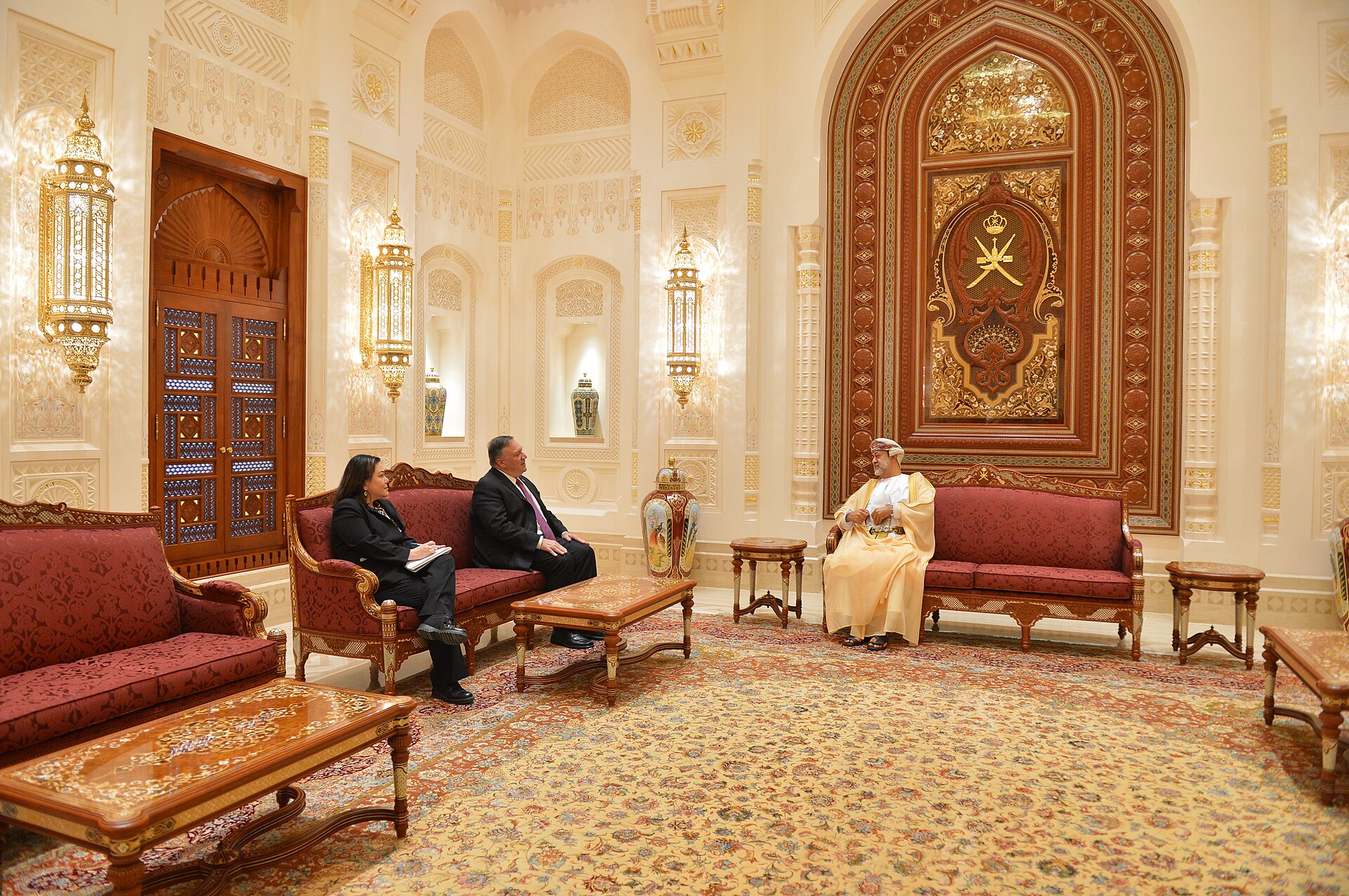 Sultan Haitham bin Tariq Al Said of Oman receives US Secretary of State Pompeo in the royal palace reception hall — the same back-channel infrastructure Araghchi activated on April 26, 2026. Oman has served as the sole Gulf state with simultaneous diplomatic access to Washington and Tehran since the secret 2012–2013 talks